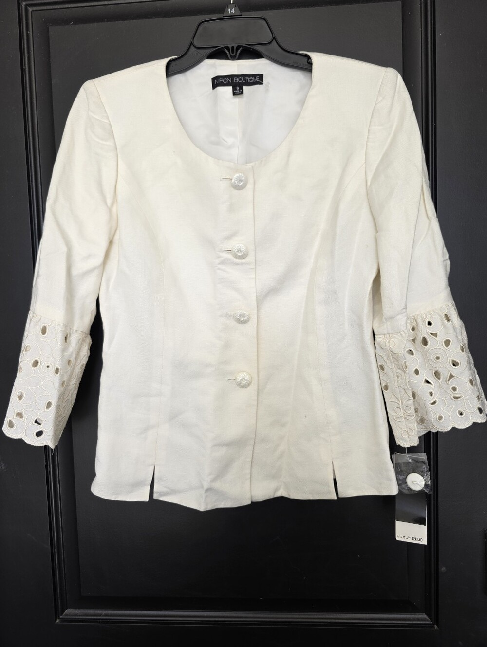 NWT Nipon Boutique Ivory Linen Blend Eyelet Sleeve Blazer Jacket Size 6 $240